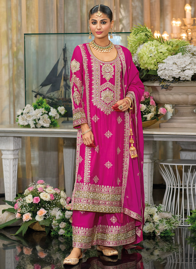 Rani Pink Chinon Sequins Embroidered Mirror And Stone Embellished Palazzo Suit