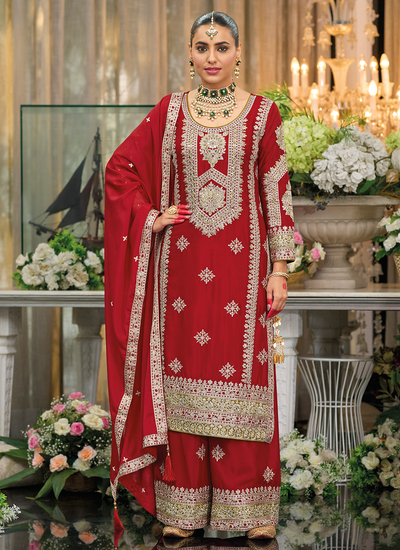 Chinon Sequins Embroidered Mirror And Stone Embellished Red Palazzo Suit