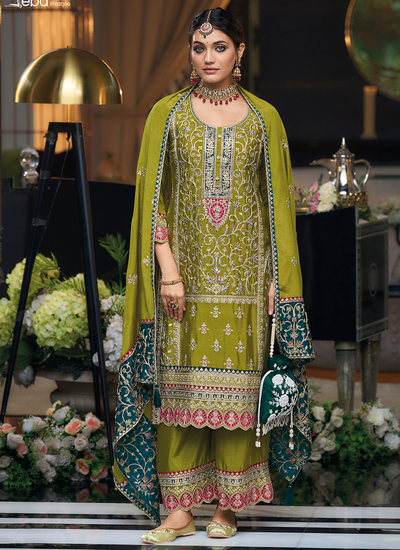 Olive Green Festive Wear Chinon Sequins Embroidered Mirror And Stone Embellished Palazzo Suit