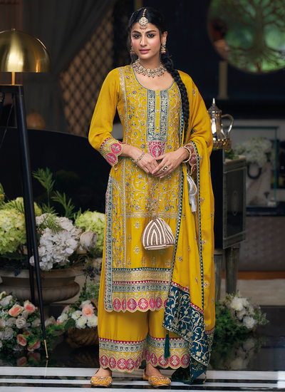 Yellow Chinon Sequins Embroidered Mirror And Stone Embellished Festive Wear Palazzo Suit