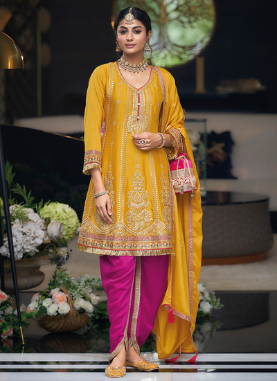 Designer Chinon Yellow Multi Embroidered Dhoti Style Suit