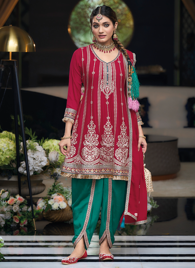 Designer Red Chinon Multi Embroidered Dhoti Style Suit