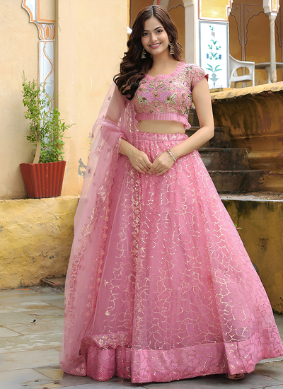 Soft Net Pink Resham Embroidery Engagement Wear Lehenga Choli