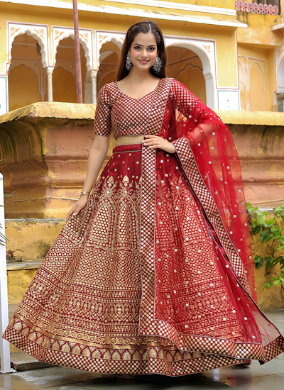 Raw Silk Bridal Maroon Sequins Zari Embroidery Lehenga Choli