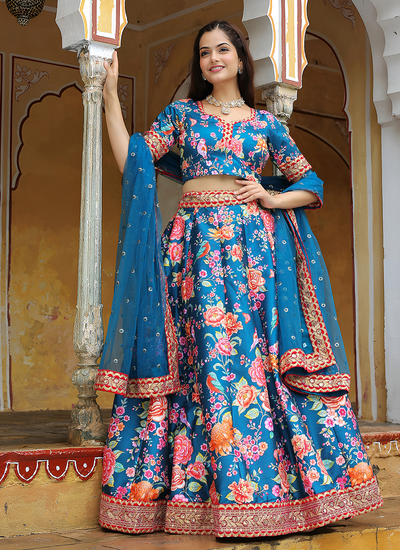 Blue Art Silk Floral Print Festive Wear Lehenga Choli
