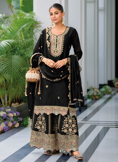 Chinon Sequins Multi Embroidered Black Festive Wear Palazzo Suit