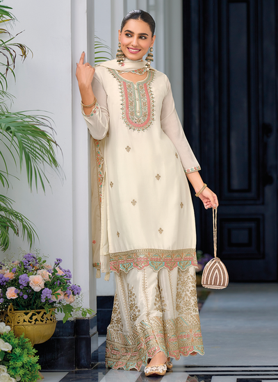 Readymade White Chinon Sequins Multi Embroidered Festive Wear Palazzo Suit