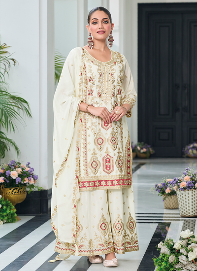 Off White Chinon Sequins Multi Embroidered Mirror Embellished Pakistani Palazzo Suit