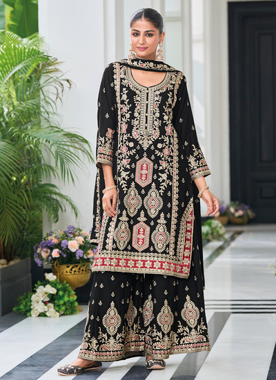 Readymade Pakistani Black Chinon Sequins Multi Embroidered Mirror Embellished Palazzo Suit