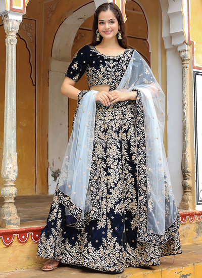 Wedding Wear Navy Blue Velvet Thread Zari Embroidery Lehenga Choli