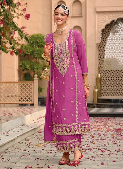 Onion Pink Readymade Pakistani Chinon Sequins Embroidered Mirror Embellished Palazzo Suit