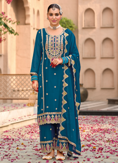 Chinon Readymade Pakistani Sequins Embroidered Mirror Embellished Peacock Blue Palazzo Suit