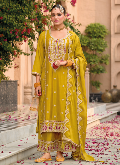 Pakistani Yellow Chinon Readymade Sequins Embroidered Mirror Embellished Palazzo Suit