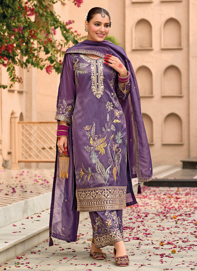 Purple Readymade Shimmer Tissue Silk Sequins Multi Embroidered Pakistani Suit