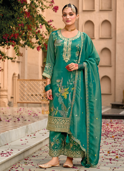 Pakistani Readymade Shimmer Tissue Silk Green Sequins Multi Embroidered Suit