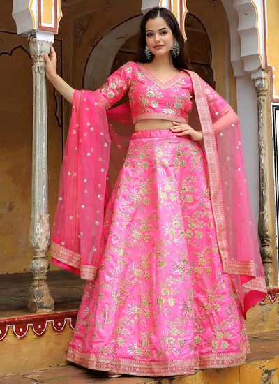 Slub Silk Pink Sequins Zari Embroidery Festive Wear Lehenga Choli