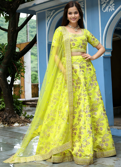 Designer Neon Green Sequins Zari Embroidery Slub Silk Lehenga Choli