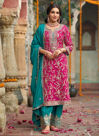 Chinon Magenta And Teal Pakistani Readymade Sequins Multi Embroidered Suit