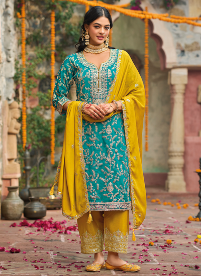 Pakistani Readymade Chinon Teal And Yellow Sequins Multi Embroidered Suit