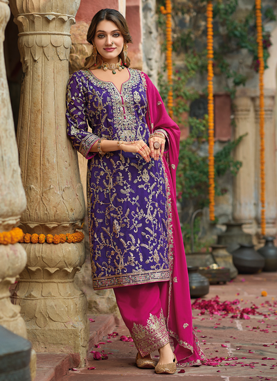 Purple And Magenta Chinon Pakistani Readymade Sequins Multi Embroidered Suit