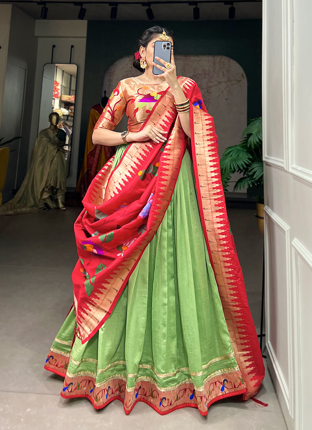 Weaving Silk Parrot Green Mehendi Wear Lehenga Choli – Siya Fashion