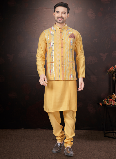 Embroidered And Mirror Work Silk Kurta Pajama With Jacket In Yellow