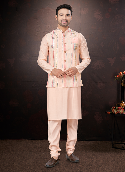 Peach Silk Embroidered And Mirror Work Kurta Pajama With Jacket