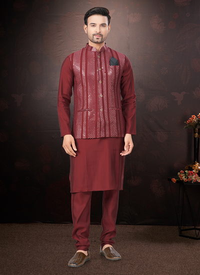 Maroon Silk Embroidered And Mirror Work Kurta Pajama With Jacket