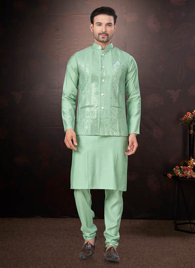 Embroidered And Mirror Work Kurta Pajama With Jacket In Sea Green