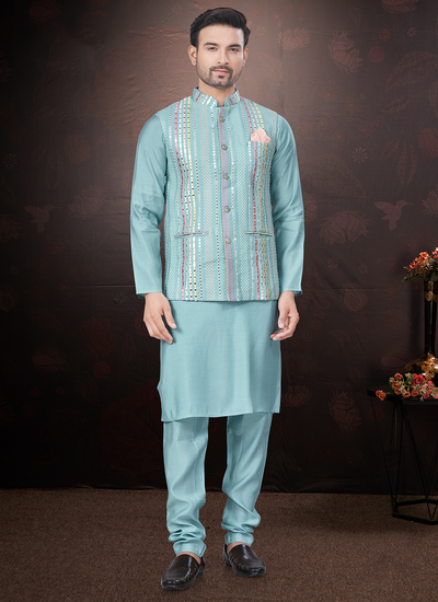 Sky Blue Mirror And Embroidered Work Kurta Pajama With Jacket