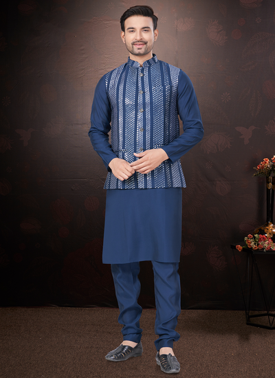 Mirror And Embroidered Work Kurta Pajama With Jacket In Blue