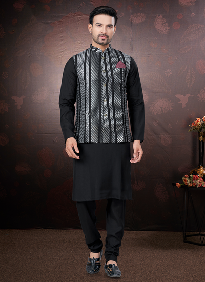 Black Silk Thread Embroidered And Mirror Work Kurta Pajama With Jacket