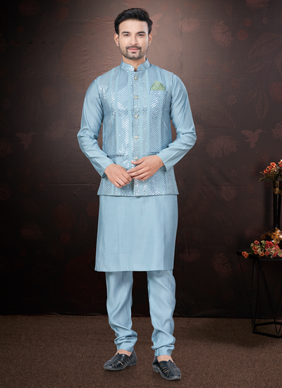 Sky Blue Silk Thread Embroidered And Mirror Work Kurta Pajama With Jacket