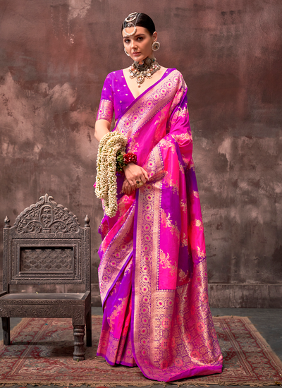 Pretty Pink And Violet Handloom Weaving Silk Bridesmaid Saree