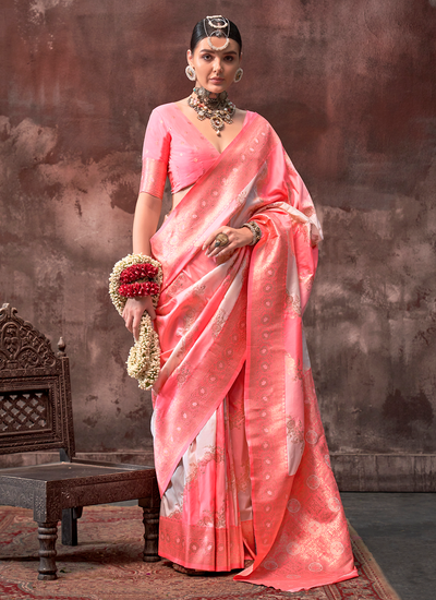 Handloom Weaving Silk Designer Peach Bridesmaid Saree