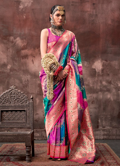 Handloom Weaving Silk Designer Bridesmaid Saree In Multicolor