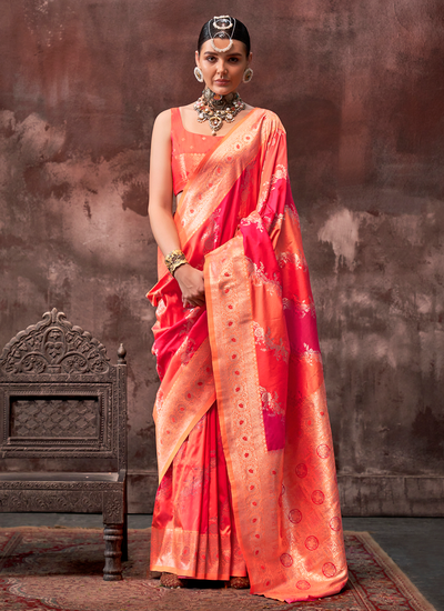 Orange Handloom Weaving Silk Designer Bridesmaid Saree