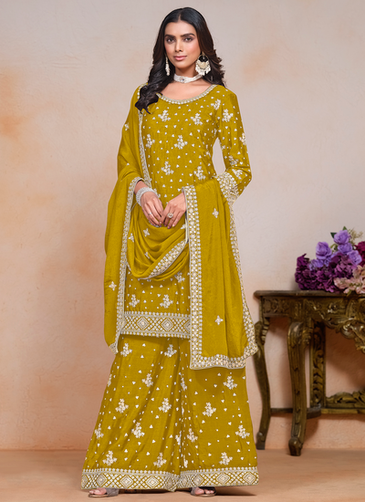 Festive Wear Sequins Embroidered Chinon Palazzo Salwar Suit In Mustard