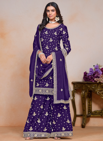 Purple Festive Wear Sequins Embroidered Chinon Palazzo Salwar Suit