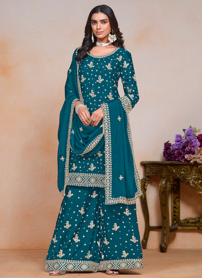 Festive Wear Peacock Blue Sequins Embroidered Chinon Palazzo Salwar Suit