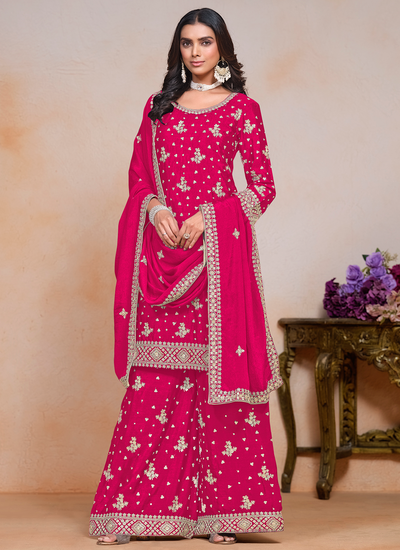 Hot Pink Sequins Embroidered Festive Wear Chinon Palazzo Salwar Suit