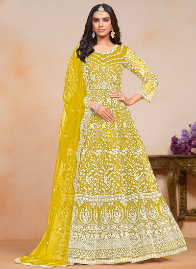 Yellow Net Festive Wear Embroidered Anarkali Suit