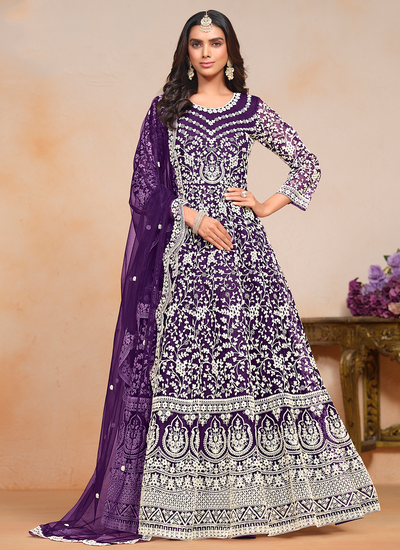 Designer Purple Festive Wear Embroidered Net Anarkali Suit