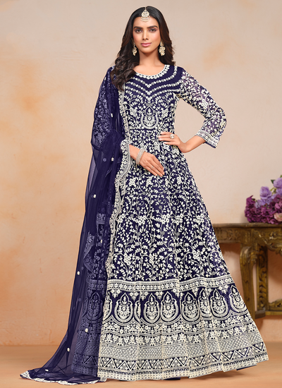 Trendy Blue Festive Wear Embroidered Net Anarkali Suit