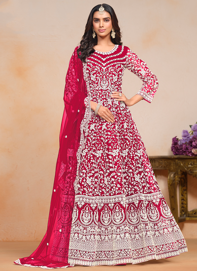 Fancy Magenta Net Festive Wear Embroidered Anarkali Suit