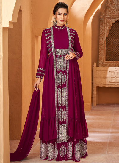 Wine Georgette Embroidered Jacket Style Festival Gown With Dupatta