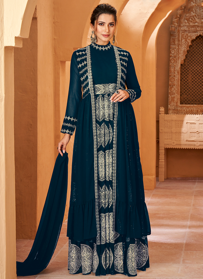 Georgette Embroidered Jacket Style Festival Gown With Dupatta In Teal