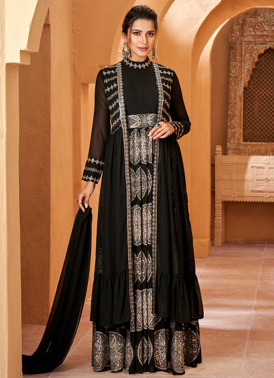 Embroidered Georgette Black Jacket Style Festival Gown With Dupatta