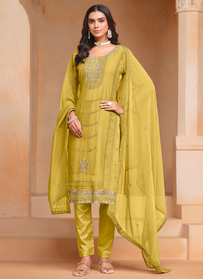 Chiffon Organza Festive Wear Sequins Multi Embroidered Yellow Pant Salwar Suit