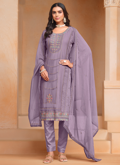 Lavender Chiffon Organza Festive Wear Sequins Multi Embroidered Pant Salwar Suit